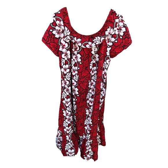 Vintage KY'S Womens 4X Muumuu Hawaiian pockets Dress Red White Hibiscus Ruffles - Picture 1 of 3